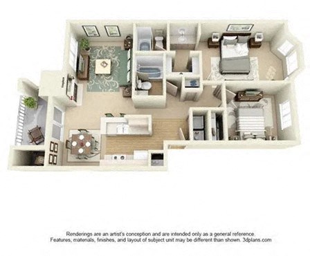 Floor plan for 2 beds, 2 baths, 1087 sqft